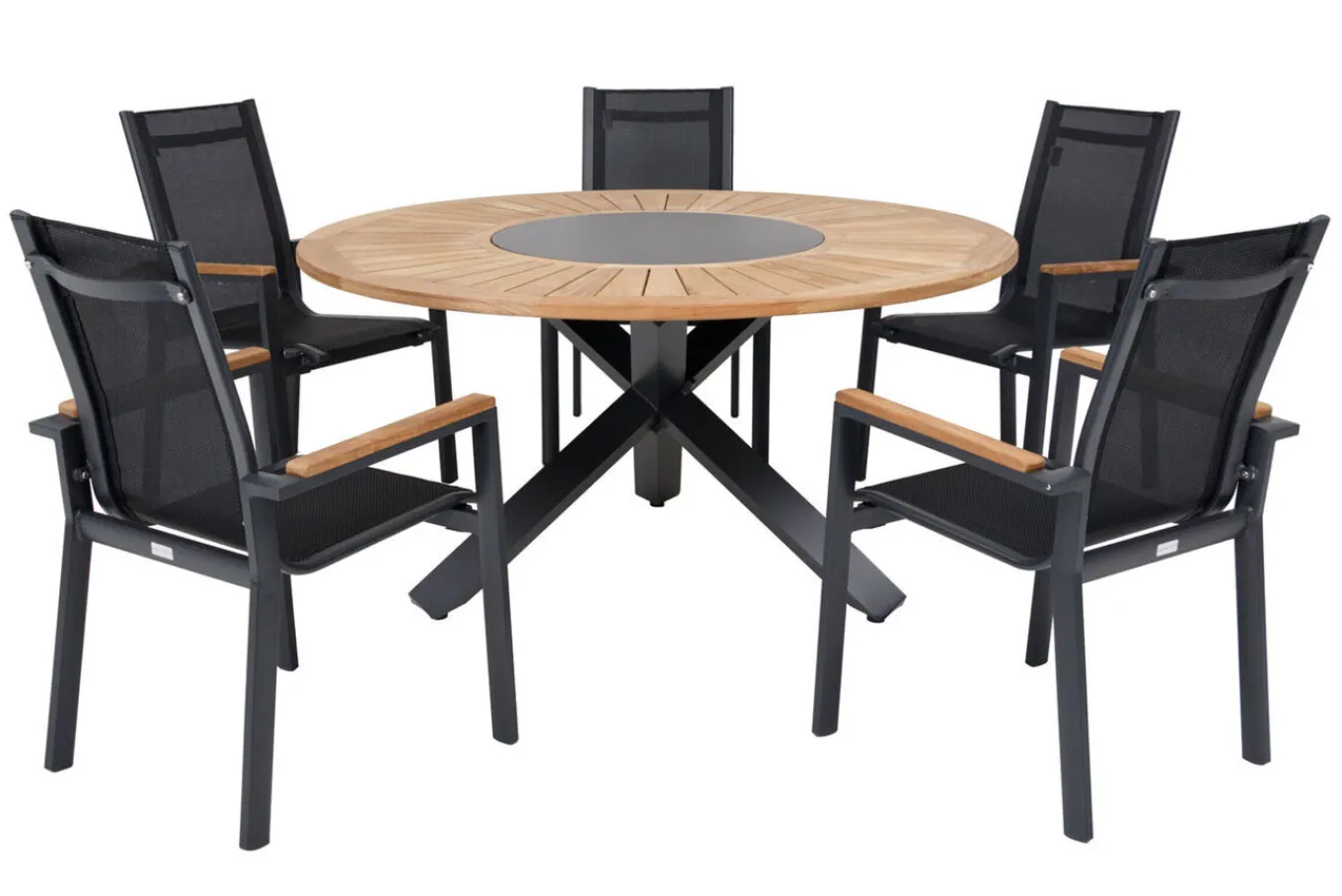 Sale Garten-Essgruppe, ® anthrazit matt, Alu / Teak / Textil, Esstisch Ø 150 cm, 5 Stapelstühle Garten-Essgruppen