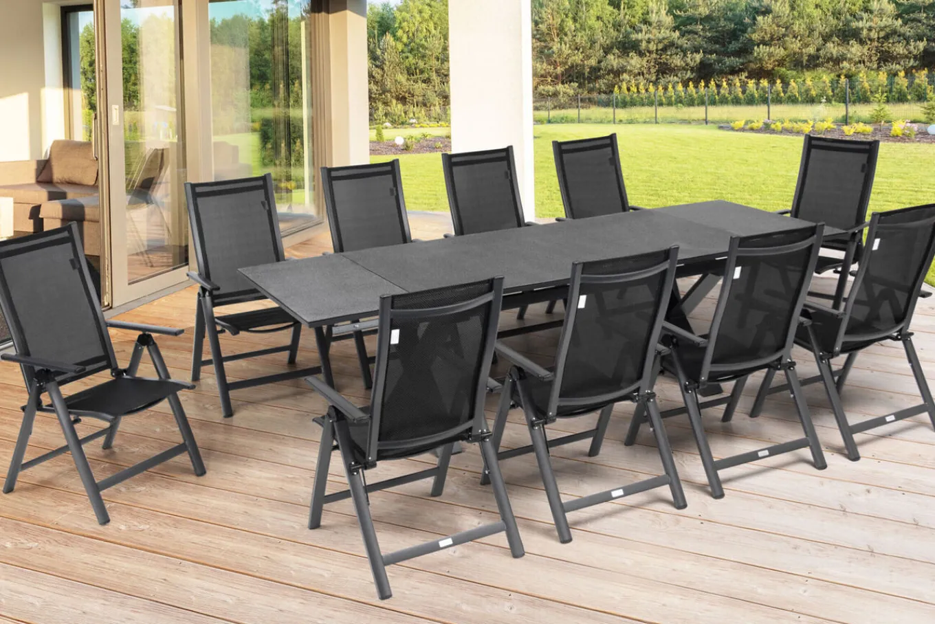 Outlet Garten-Essgruppe, ® anthrazit matt, Alu / Spraystone / Textil, Tisch 180/280x100cm, 10 Klappstühle Garten-Essgruppen