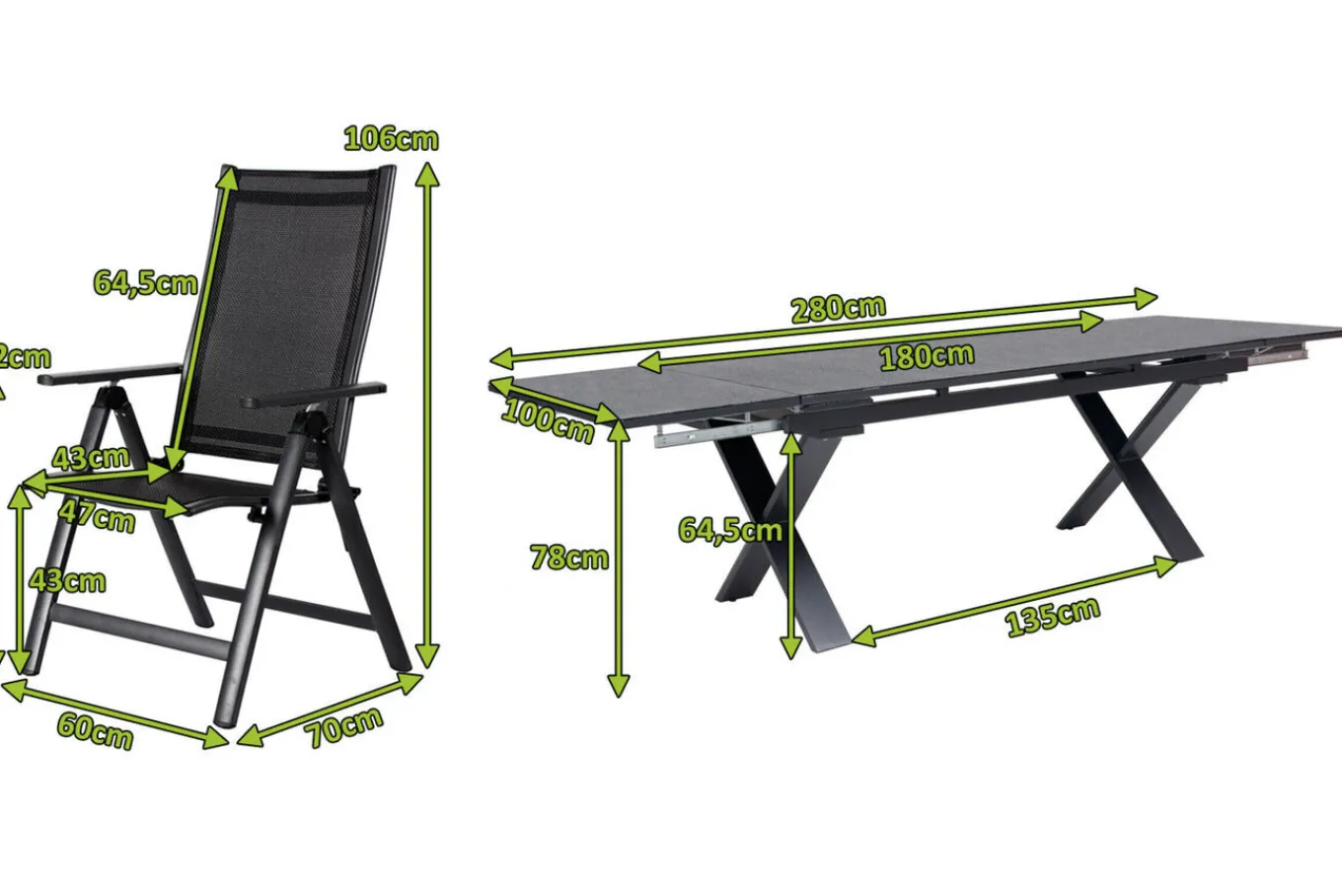 Discount Garten-Essgruppe, ® anthrazit matt, Alu / Spraystone / Textil, Tisch 180/280x100cm, 8 Klappstühle Garten-Essgruppen|Aluminium-Gartenmöbel