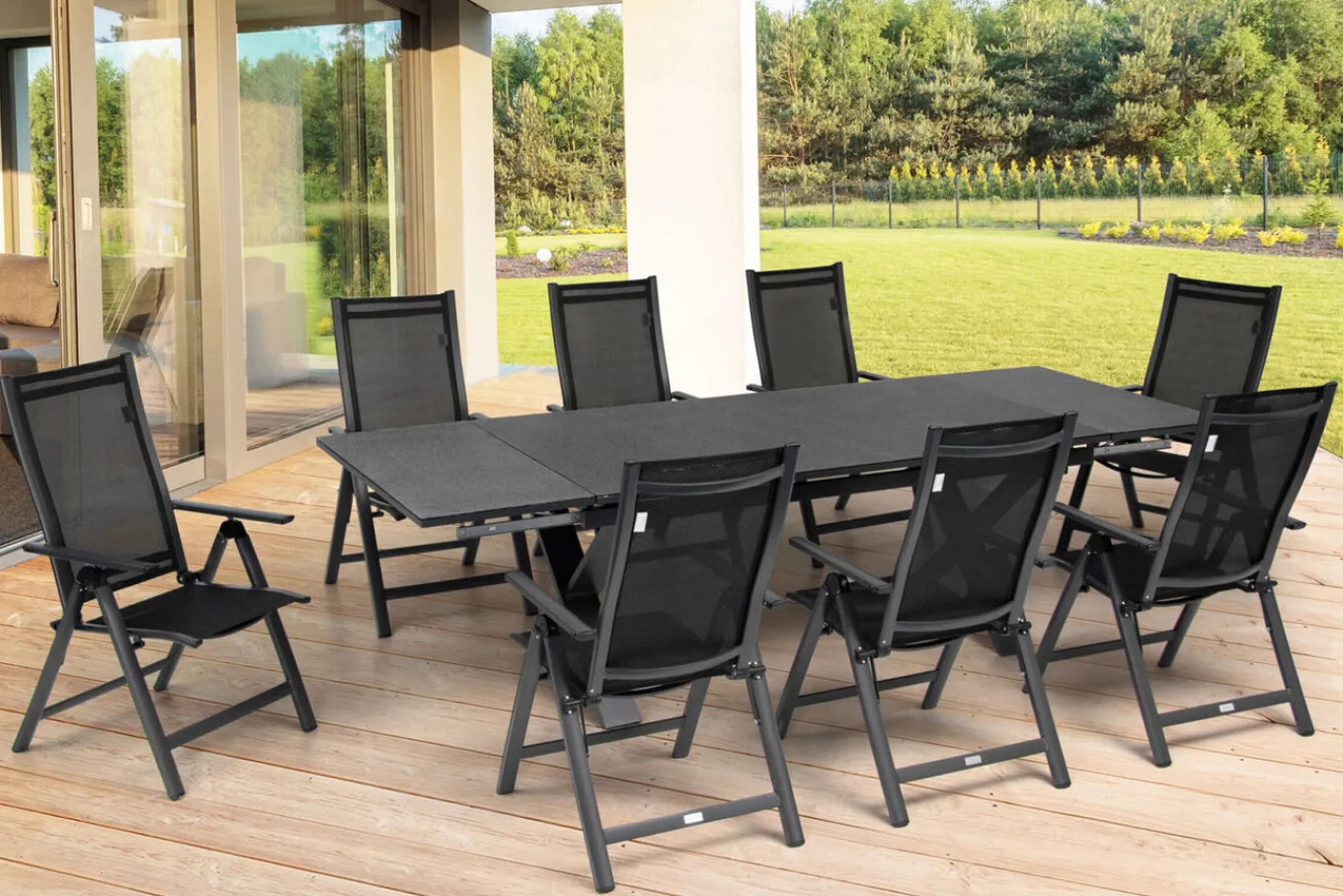 Discount Garten-Essgruppe, ® anthrazit matt, Alu / Spraystone / Textil, Tisch 180/280x100cm, 8 Klappstühle Garten-Essgruppen|Aluminium-Gartenmöbel