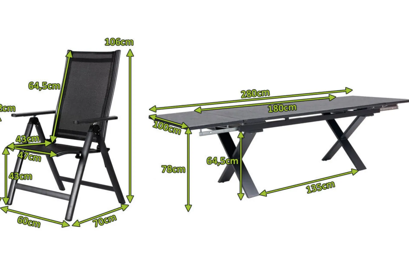 Discount Garten-Essgruppe, ® anthrazit matt, Alu / Spraystone / Textil, Tisch 180/280x100cm, 8 Klappstühle Garten-Essgruppen|Aluminium-Gartenmöbel