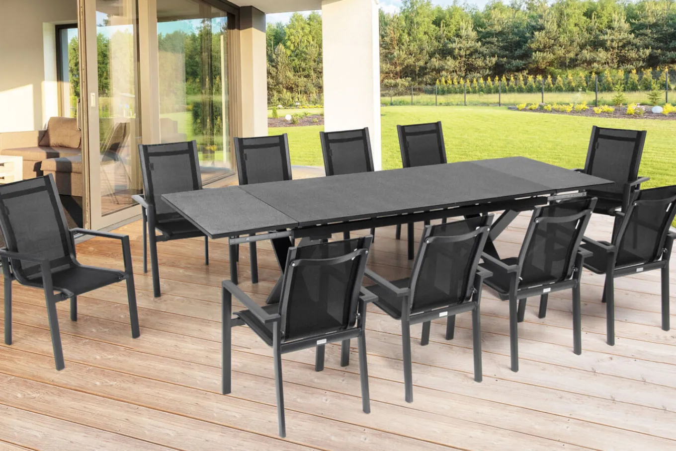 Garten-Essgruppe, ® anthrazit matt, Alu / Spraystone / Textil, Tisch 180/280x100cm, 10 Stapelsessel Garten-Essgruppen