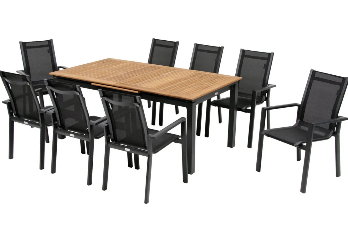 Online Garten-Essgruppe, ® anthrazit matt, Alu / Teak / Textil, Ausziehtisch 180/240x100cm, 8 Stapelsessel Garten-Essgruppen