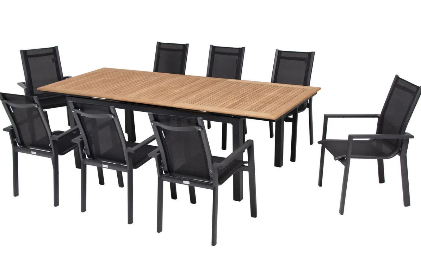 Online Garten-Essgruppe, ® anthrazit matt, Alu / Teak / Textil, Ausziehtisch 180/240x100cm, 8 Stapelsessel Garten-Essgruppen