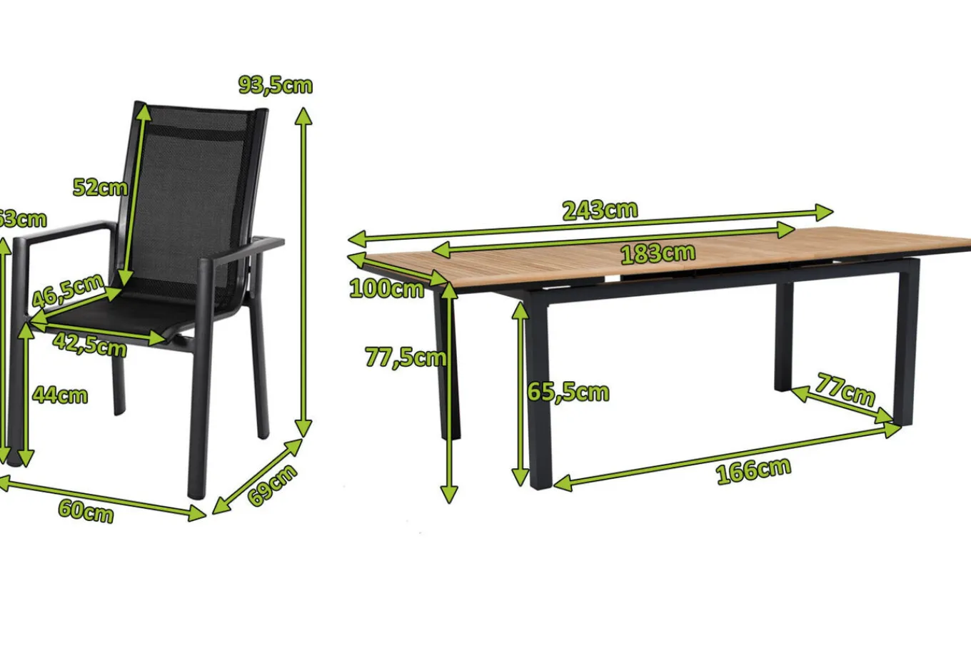 Online Garten-Essgruppe, ® anthrazit matt, Alu / Teak / Textil, Ausziehtisch 180/240x100cm, 8 Stapelsessel Garten-Essgruppen