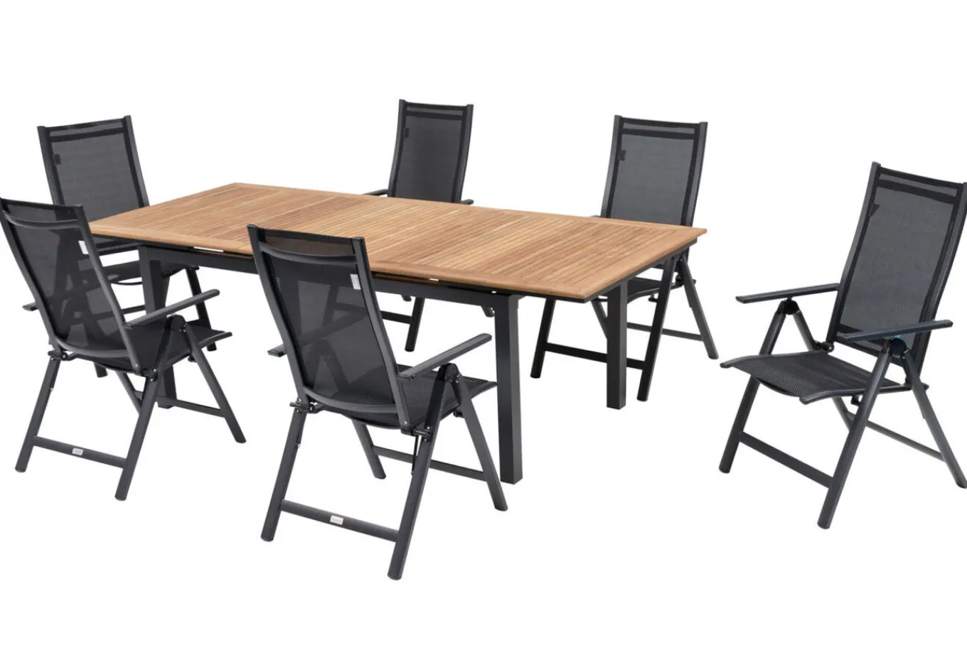 Outlet Garten-Essgruppe, ® anthrazit matt, Alu / Teak / Textil, Ausziehtisch 180/240 x 100cm, 6 Klappstühle Garten-Essgruppen