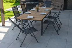 Outlet Garten-Essgruppe, ® anthrazit matt, Alu / Teak / Textil, Ausziehtisch 180/240 x 100cm, 6 Klappstühle Garten-Essgruppen