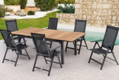 Outlet Garten-Essgruppe, ® anthrazit matt, Alu / Teak / Textil, Ausziehtisch 180/240 x 100cm, 6 Klappstühle Garten-Essgruppen
