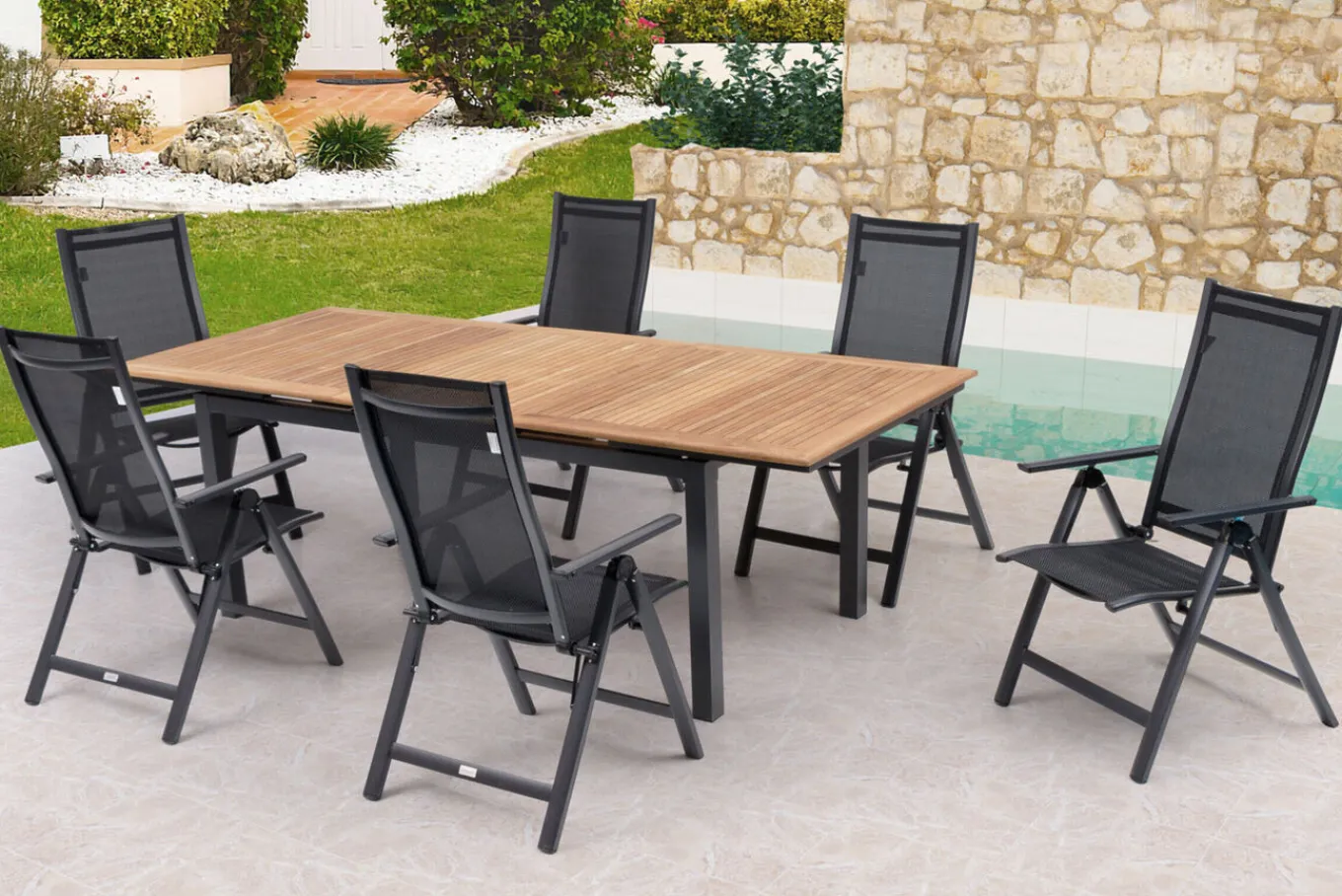 Outlet Garten-Essgruppe, ® anthrazit matt, Alu / Teak / Textil, Ausziehtisch 180/240 x 100cm, 6 Klappstühle Garten-Essgruppen