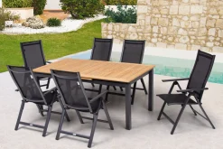 Outlet Garten-Essgruppe, ® anthrazit matt, Alu / Teak / Textil, Ausziehtisch 180/240 x 100cm, 6 Klappstühle Garten-Essgruppen