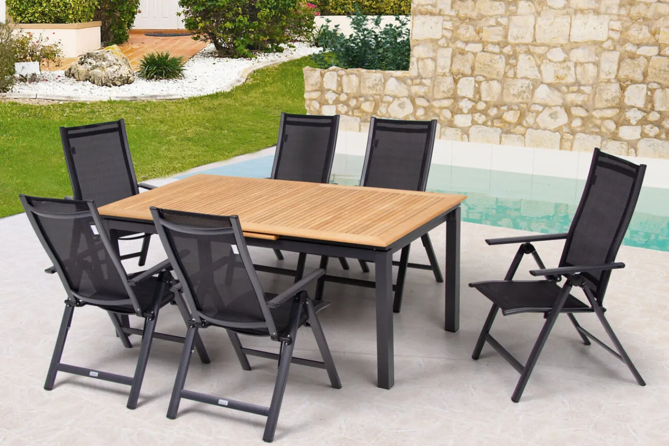 Outlet Garten-Essgruppe, ® anthrazit matt, Alu / Teak / Textil, Ausziehtisch 180/240 x 100cm, 6 Klappstühle Garten-Essgruppen