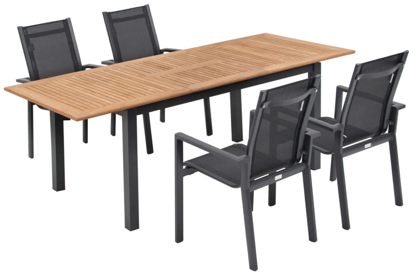 Garten-Essgruppe, ® anthrazit matt, Alu / Teak / Textil, Ausziehtisch 150/210x90cm, 4 Stapelsessel Garten-Essgruppen