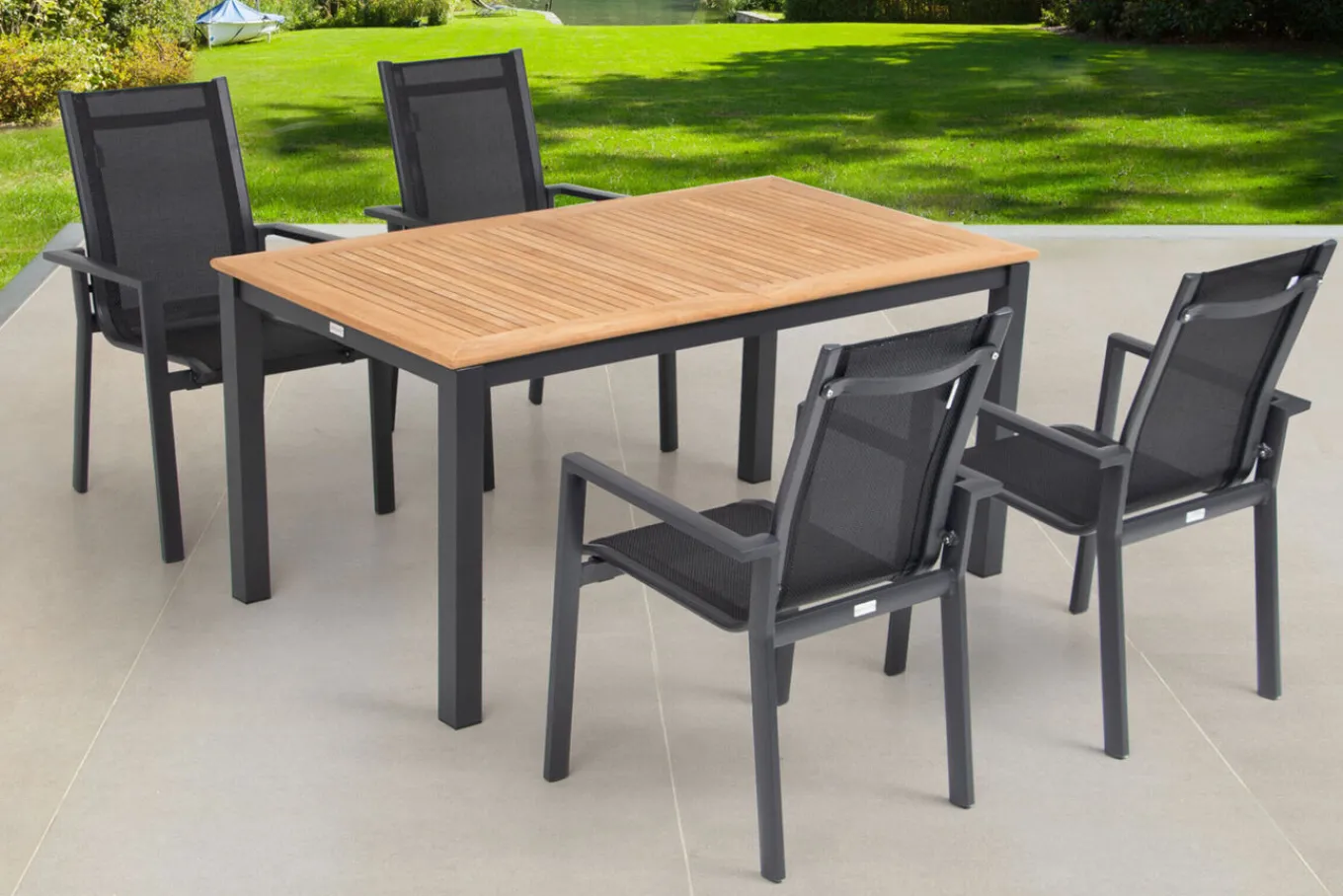Garten-Essgruppe, ® anthrazit matt, Alu / Teak / Textil, Ausziehtisch 150/210x90cm, 4 Stapelsessel Garten-Essgruppen