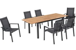 Hot Garten-Essgruppe, ® anthrazit matt, Alu / Teak / Textil, Ausziehtisch 150/210x90cm, 6 Stapelsessel Garten-Essgruppen|Aluminium-Gartenmöbel