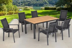Hot Garten-Essgruppe, ® anthrazit matt, Alu / Teak / Textil, Ausziehtisch 150/210x90cm, 6 Stapelsessel Garten-Essgruppen|Aluminium-Gartenmöbel