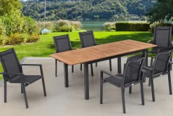 Hot Garten-Essgruppe, ® anthrazit matt, Alu / Teak / Textil, Ausziehtisch 150/210x90cm, 6 Stapelsessel Garten-Essgruppen|Aluminium-Gartenmöbel