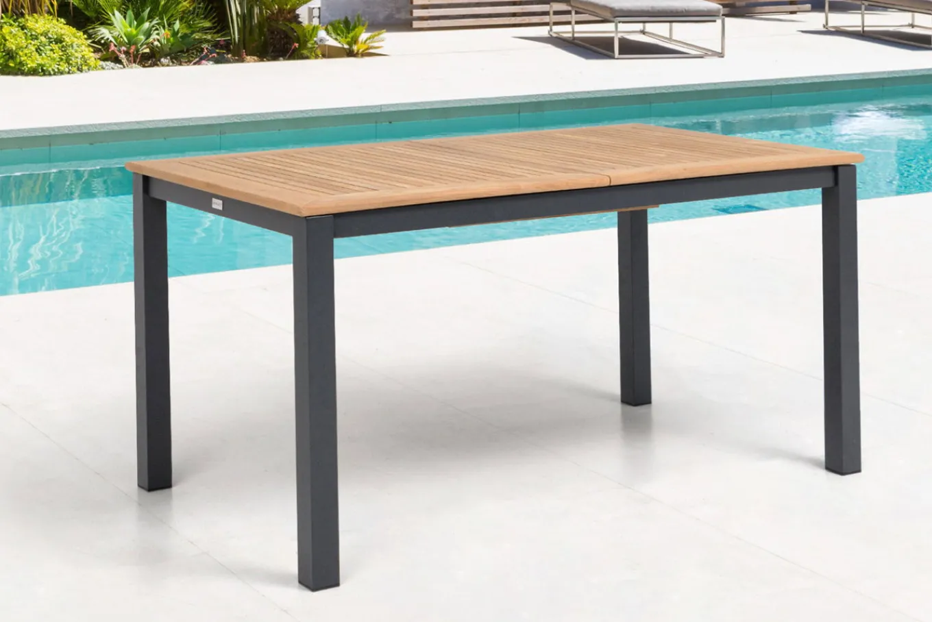 Hot Garten-Essgruppe, ® anthrazit matt, Alu / Teak / Textil, Ausziehtisch 150/210x90cm, 6 Stapelsessel Garten-Essgruppen|Aluminium-Gartenmöbel