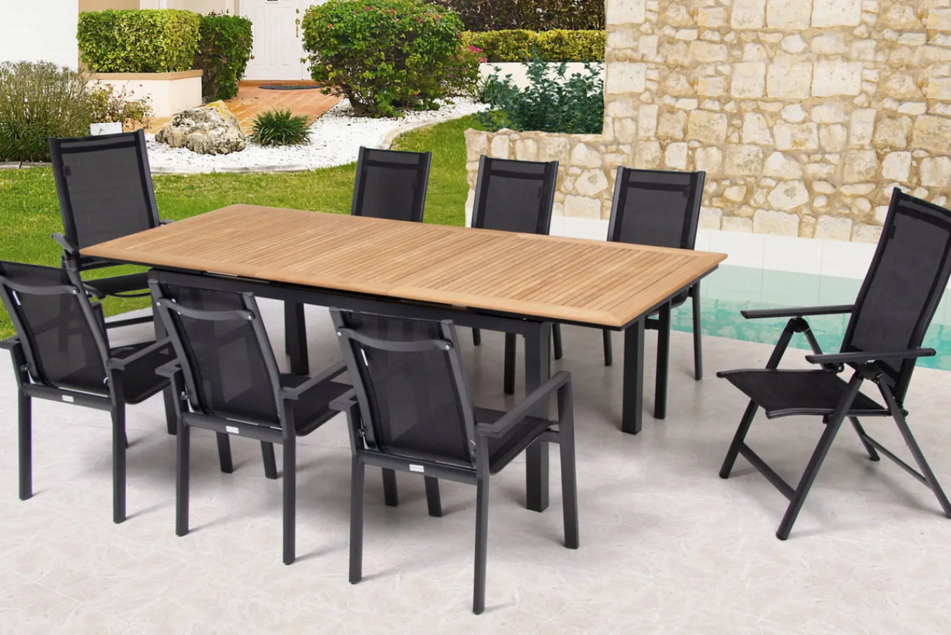 Online Garten-Essgruppe, ® anthrazit matt, Alu / Teak / Textil, Ausziehtisch 180/240 x 100cm, 6 Stapelsessel, 2 Klappstühle Garten-Essgruppen|Aluminium-Gartenmöbel