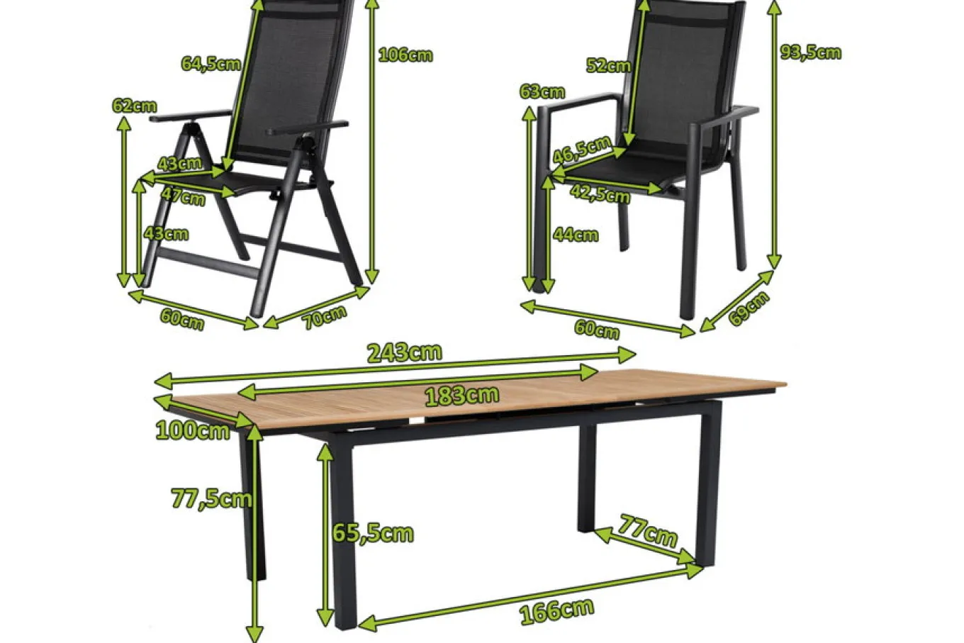 Online Garten-Essgruppe, ® anthrazit matt, Alu / Teak / Textil, Ausziehtisch 180/240 x 100cm, 6 Stapelsessel, 2 Klappstühle Garten-Essgruppen|Aluminium-Gartenmöbel