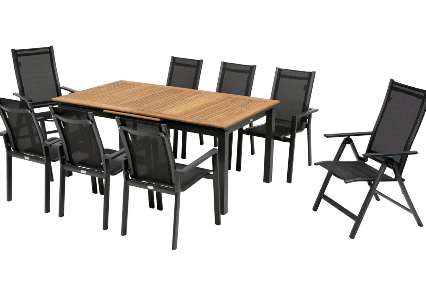 Online Garten-Essgruppe, ® anthrazit matt, Alu / Teak / Textil, Ausziehtisch 180/240 x 100cm, 6 Stapelsessel, 2 Klappstühle Garten-Essgruppen|Aluminium-Gartenmöbel