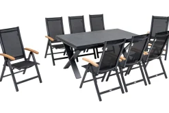 Hot Garten-Essgruppe, ® anthrazit matt, Alu / Spraystone / Teak, Tisch 180/280x100cm, 8 Klappstühle Garten-Essgruppen|Aluminium-Gartenmöbel