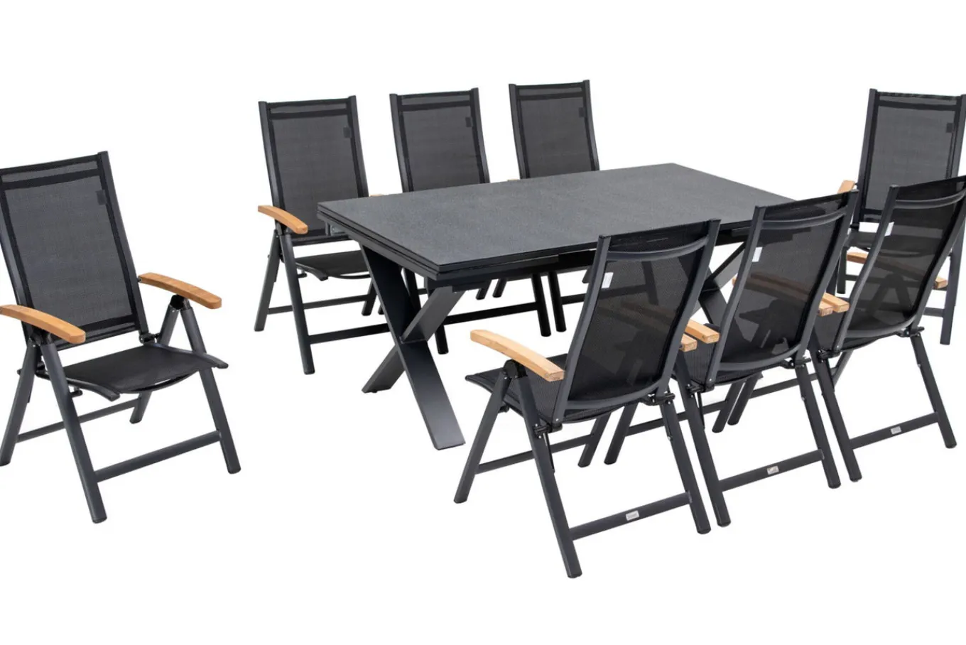 Hot Garten-Essgruppe, ® anthrazit matt, Alu / Spraystone / Teak, Tisch 180/280x100cm, 8 Klappstühle Garten-Essgruppen|Aluminium-Gartenmöbel