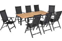 Online Garten-Essgruppe, ® anthrazit matt, Alu / Teak / Textil, Ausziehtisch 150/210 x 90 cm, 8 Klappstühle Garten-Essgruppen