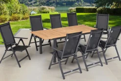 Online Garten-Essgruppe, ® anthrazit matt, Alu / Teak / Textil, Ausziehtisch 150/210 x 90 cm, 8 Klappstühle Garten-Essgruppen