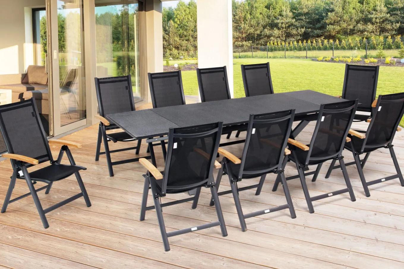 New Garten-Essgruppe, ® anthrazit matt, Alu / Spraystone / Teak, Tisch 180/280x100cm, 10 Klappstühle Garten-Essgruppen