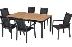 Clearance Garten-Essgruppe, ® anthrazit matt, Alu / Teak / Textil, Ausziehtisch 180/240x100cm, 6 Stapelsessel Garten-Essgruppen|Aluminium-Gartenmöbel