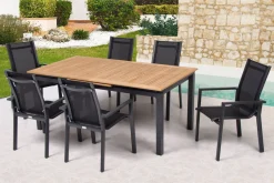 Clearance Garten-Essgruppe, ® anthrazit matt, Alu / Teak / Textil, Ausziehtisch 180/240x100cm, 6 Stapelsessel Garten-Essgruppen|Aluminium-Gartenmöbel