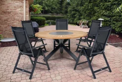 Garten-Essgruppe, ® anthrazit matt, Alu / Teak / Textil, Esstisch Ø 150 cm, 5 Klappstühle Garten-Essgruppen|Aluminium-Gartenmöbel