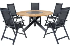 Garten-Essgruppe, ® anthrazit matt, Alu / Teak / Textil, Esstisch Ø 150 cm, 5 Klappstühle Garten-Essgruppen|Aluminium-Gartenmöbel