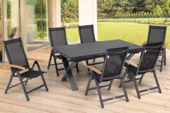 Online Garten-Essgruppe, ® anthrazit matt, Alu / Spraystone / Teak, Tisch 180/280x100cm, 6 Klappstühle Garten-Essgruppen