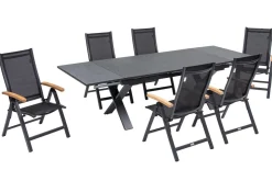 Online Garten-Essgruppe, ® anthrazit matt, Alu / Spraystone / Teak, Tisch 180/280x100cm, 6 Klappstühle Garten-Essgruppen