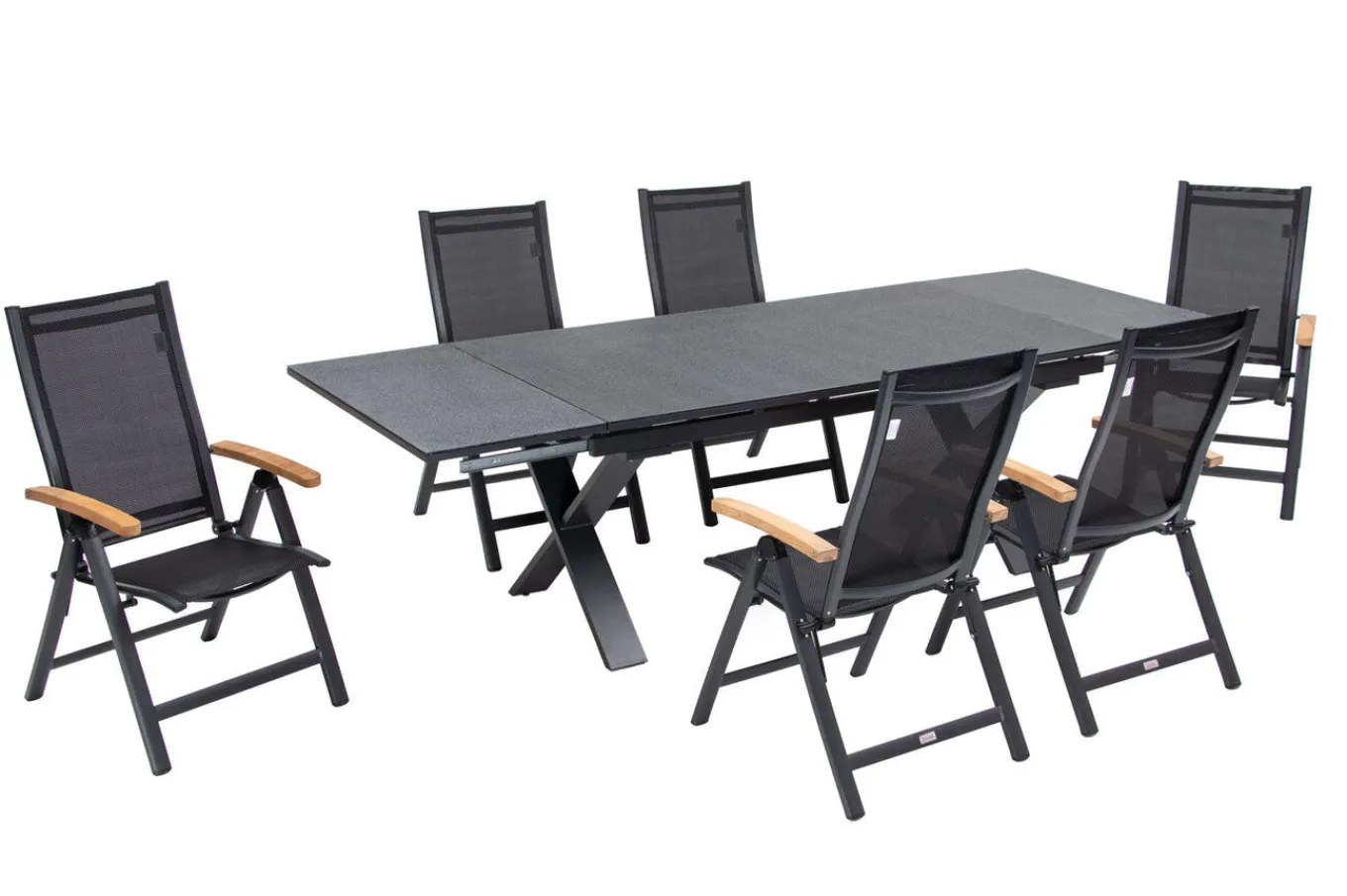 Online Garten-Essgruppe, ® anthrazit matt, Alu / Spraystone / Teak, Tisch 180/280x100cm, 6 Klappstühle Garten-Essgruppen