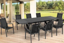 Clearance Garten-Essgruppe, ® anthrazit matt, Alu / Spraystone / Textil, Tisch 180/280x100cm, 8 Stapelsessel Garten-Essgruppen|Aluminium-Gartenmöbel