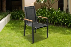 Online Garten-Essgruppe, ® anthrazit matt, Alu / Spraystone / Teak, Tisch 180/280x100cm, 10 Stapelsessel Garten-Essgruppen