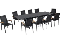 Online Garten-Essgruppe, ® anthrazit matt, Alu / Spraystone / Teak, Tisch 180/280x100cm, 10 Stapelsessel Garten-Essgruppen