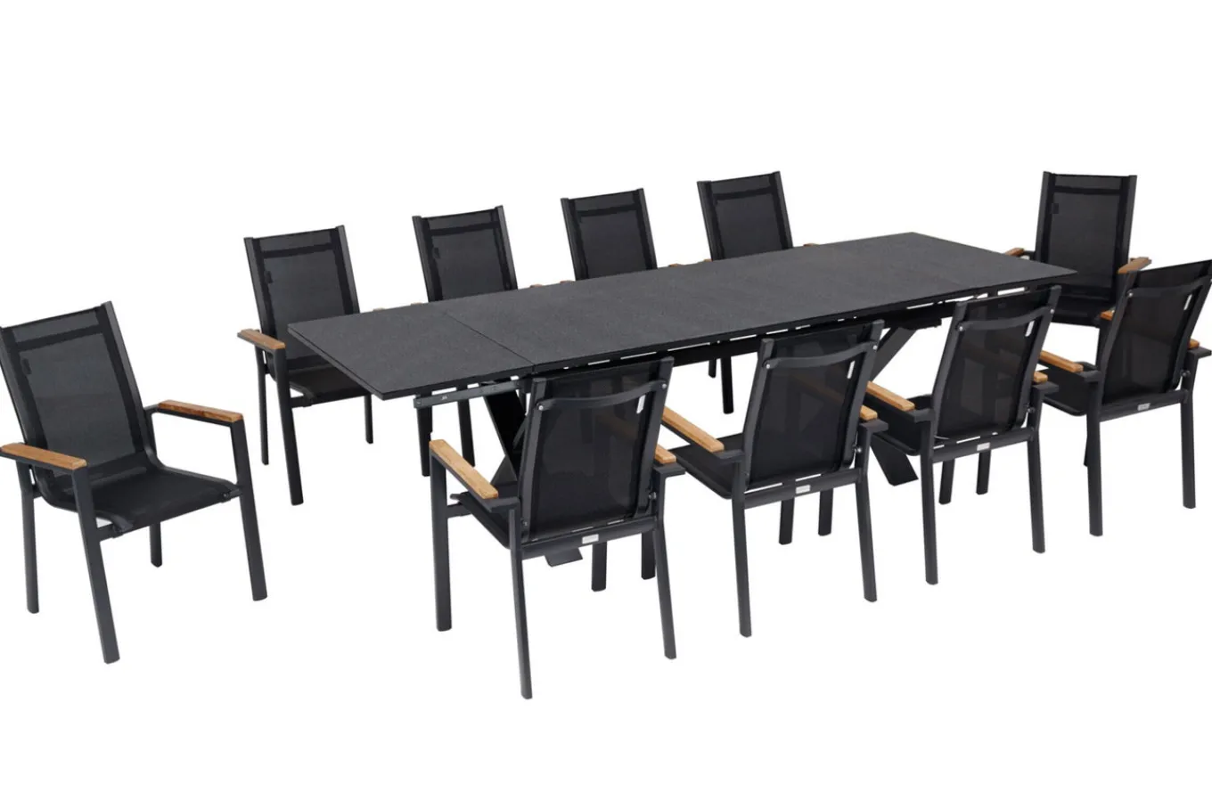 Online Garten-Essgruppe, ® anthrazit matt, Alu / Spraystone / Teak, Tisch 180/280x100cm, 10 Stapelsessel Garten-Essgruppen