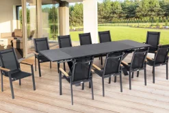 Online Garten-Essgruppe, ® anthrazit matt, Alu / Spraystone / Teak, Tisch 180/280x100cm, 10 Stapelsessel Garten-Essgruppen