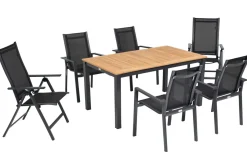 Hot Garten-Essgruppe, ® anthrazit matt, Alu / Teak / Textil, Ausziehtisch 150/210 x 90 cm, 4 Stapelsessel, 2 Klappstühle Garten-Essgruppen