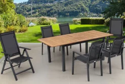 Hot Garten-Essgruppe, ® anthrazit matt, Alu / Teak / Textil, Ausziehtisch 150/210 x 90 cm, 4 Stapelsessel, 2 Klappstühle Garten-Essgruppen