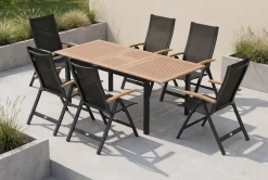New Garten-Essgruppe, ® anthrazit matt, Alu / Teak / Textil, Tisch 150/210x90cm, 6 Klappstühle Garten-Essgruppen