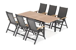 New Garten-Essgruppe, ® anthrazit matt, Alu / Teak / Textil, Tisch 150/210x90cm, 6 Klappstühle Garten-Essgruppen