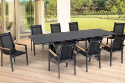Online Garten-Essgruppe, ® anthrazit matt, Alu / Spraystone / Teak, Tisch 180/280x100cm, 8 Stapelsessel Garten-Essgruppen|Aluminium-Gartenmöbel