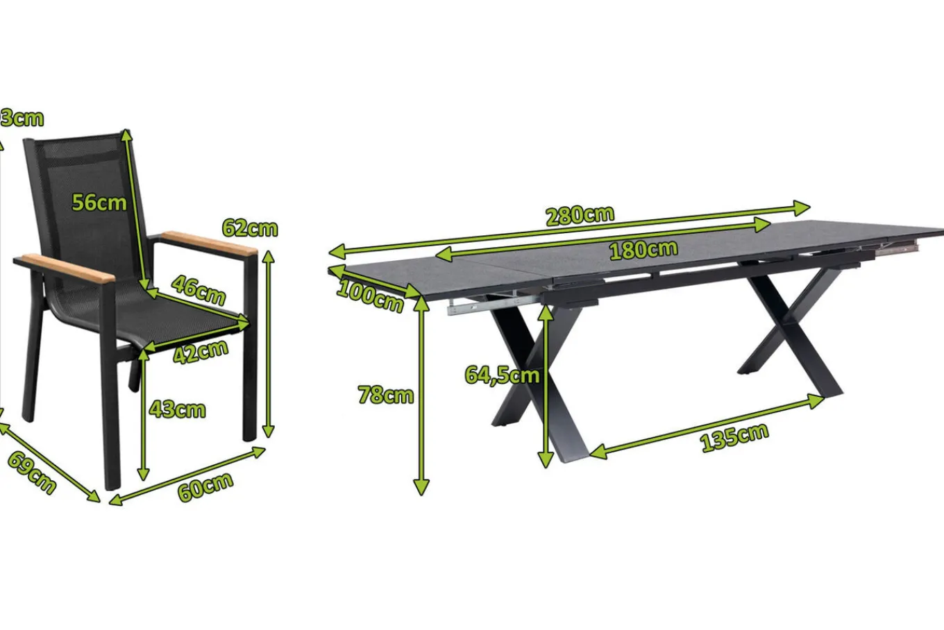 Online Garten-Essgruppe, ® anthrazit matt, Alu / Spraystone / Teak, Tisch 180/280x100cm, 8 Stapelsessel Garten-Essgruppen|Aluminium-Gartenmöbel