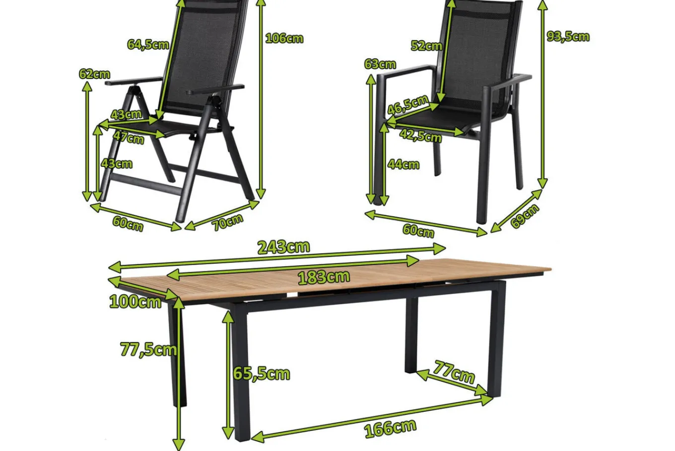 Best Garten-Essgruppe, ® anthrazit matt, Alu / Teak / Textil, Ausziehtisch 180/240 x 100cm, 4 Stapelsessel, 2 Klappstühle Garten-Essgruppen