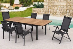 Best Garten-Essgruppe, ® anthrazit matt, Alu / Teak / Textil, Ausziehtisch 180/240 x 100cm, 4 Stapelsessel, 2 Klappstühle Garten-Essgruppen