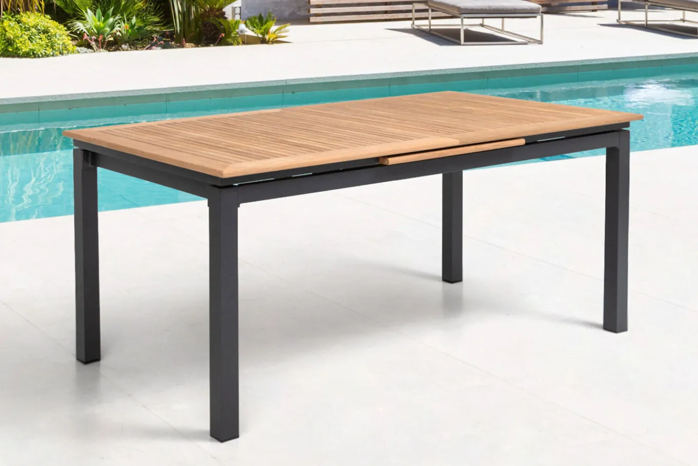 Best Garten-Essgruppe, ® anthrazit matt, Alu / Teak / Textil, Ausziehtisch 180/240 x 100cm, 4 Stapelsessel, 2 Klappstühle Garten-Essgruppen